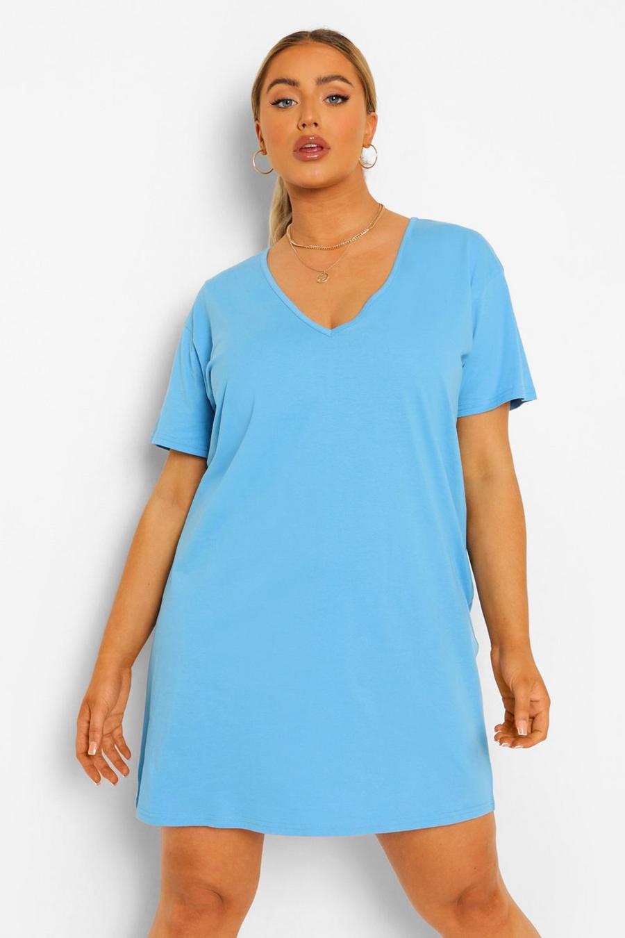 Baby blue Plus V Neck T Shirt Dress image number 1