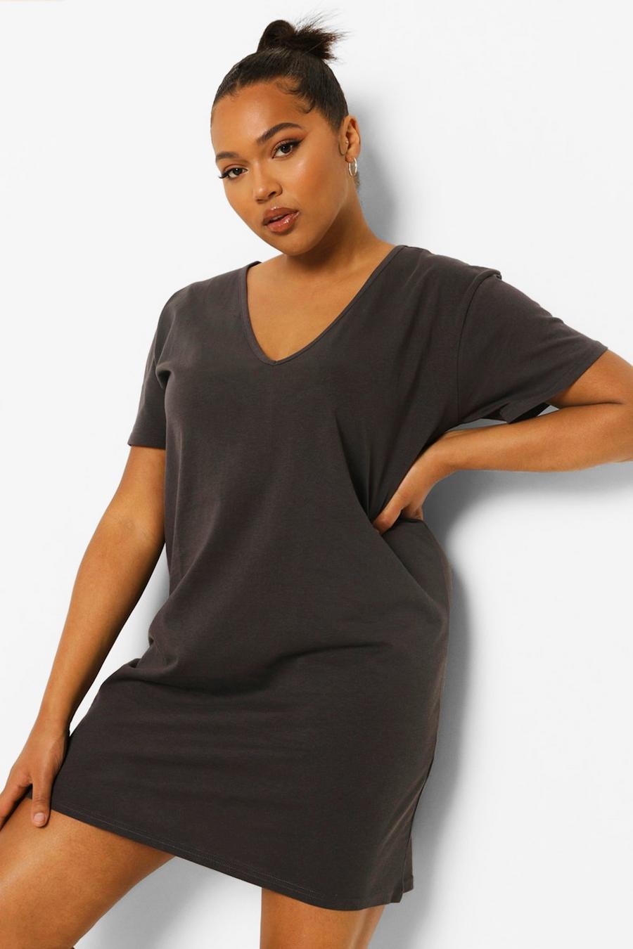 Charcoal grey Plus V Neck T Shirt Dress