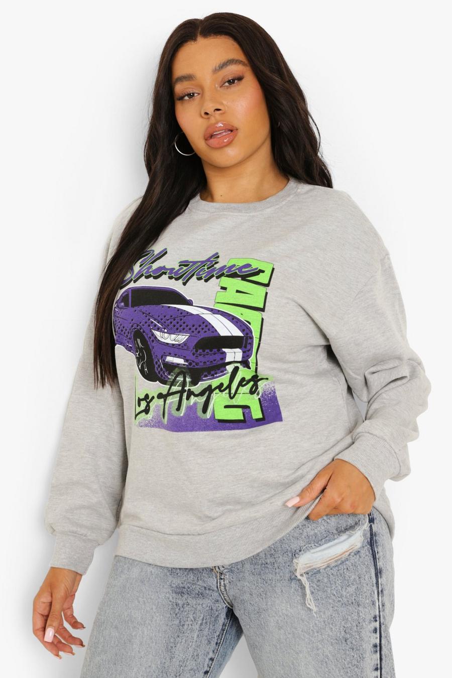 Plus Übergroßes Sweatshirt mit Moto-Grafik, Grau image number 1