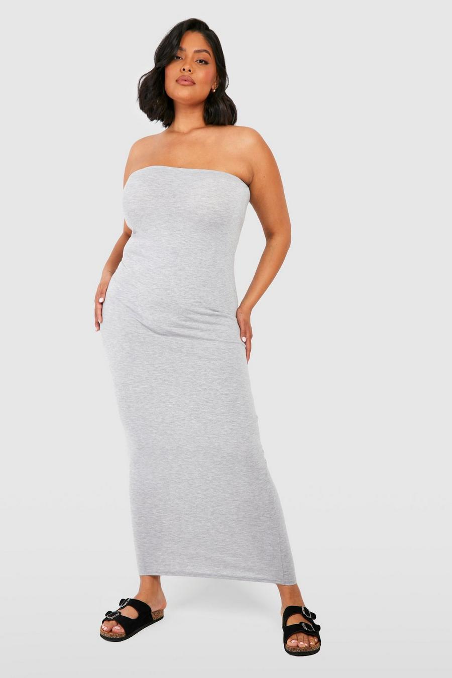 אפור שמלת מקסי בייסיק בגזרת בנדו למידות גדולות image number 1