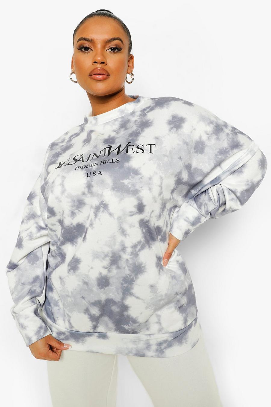 Plus Sweatshirt in Batik-Optik mit „Ye Saint West”-Aufschrift, Grau image number 1