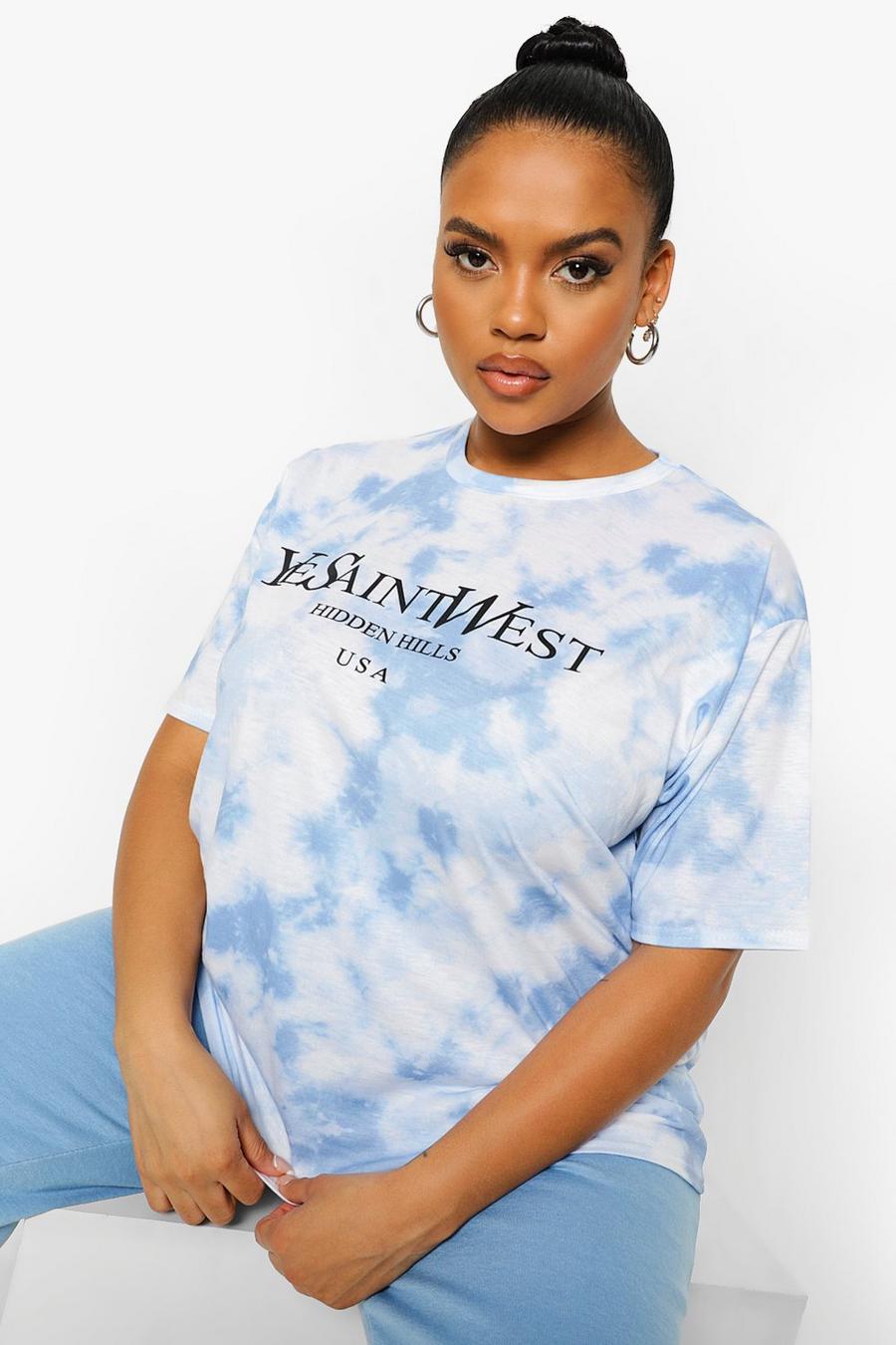 T-shirt Plus Size in fantasia tie dye con scritta Ye Saint West, Azzurro image number 1