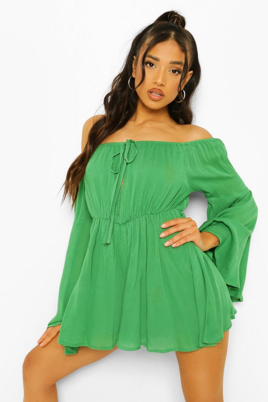 Green Petite Cheesecloth Cold Shoulder Playsuit image number 1