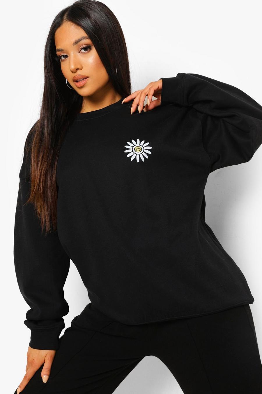 Black Petite - Sweatshirt med blomma och smiley image number 1