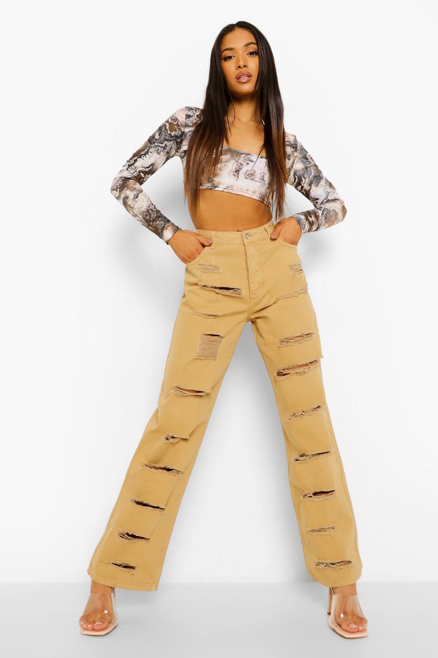 Tan Petite Extreme Distressing Straight Leg Jeans image number 1