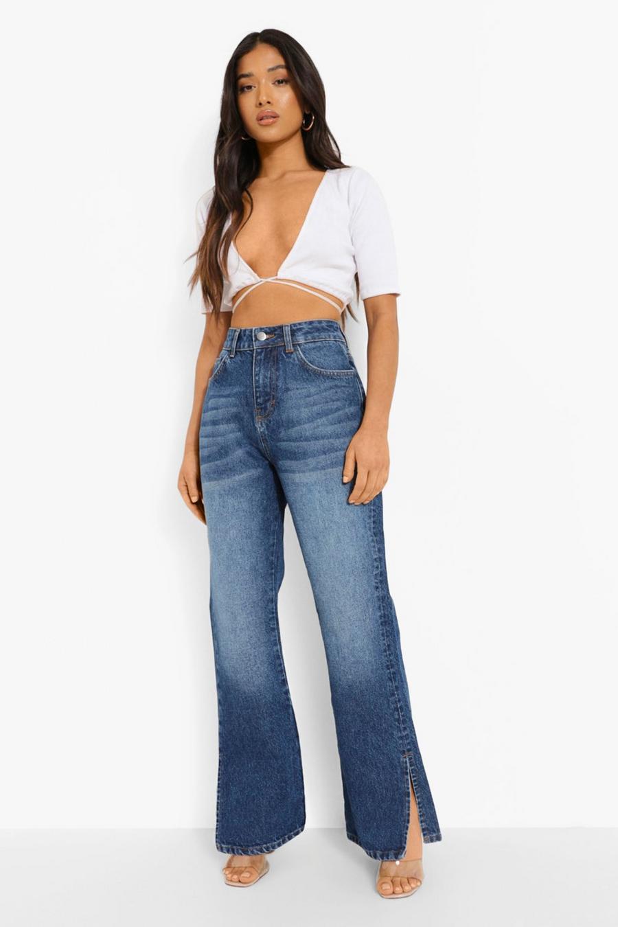 Mid blue Petite Side Split Flared Jeans