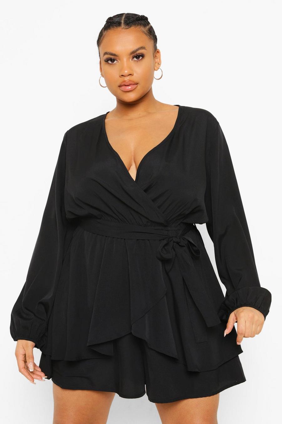 Black Plus Wrap Front Frill Long Sleeve Playsuit image number 1