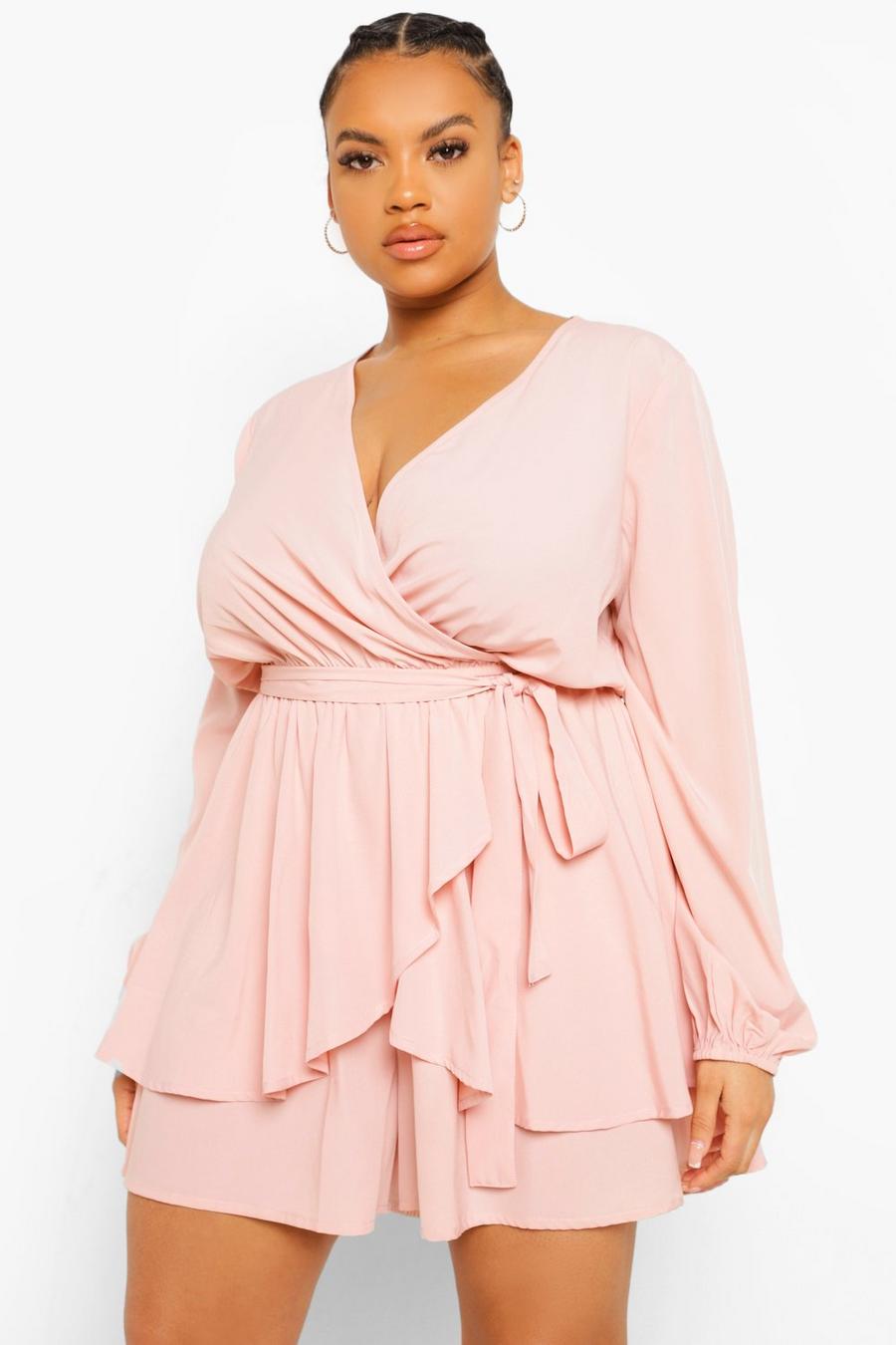 Rose Plus Wrap Front Frill Long Sleeve Playsuit image number 1