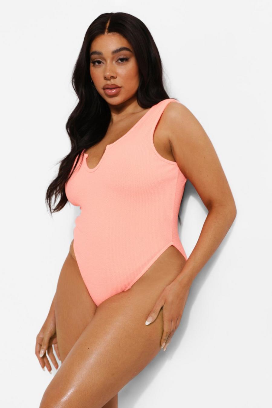 Neon-coral Plus Crinkle Notch Front Swimsuit image number 1