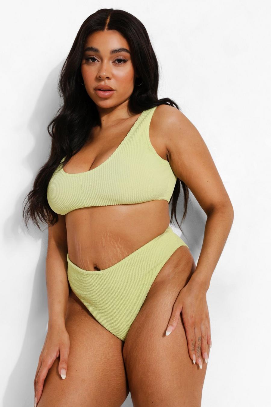 Plus Mix & Match Bikinihose mit hohem Beinausschnitt in Knitteroptik, Neon-lime image number 1
