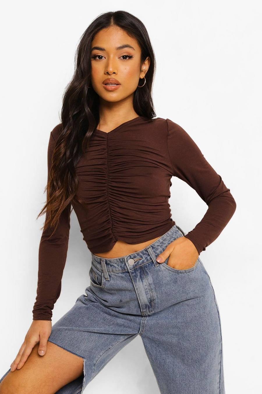 Chocolate Petite Ruched Detail Long Sleeve Crop Top image number 1