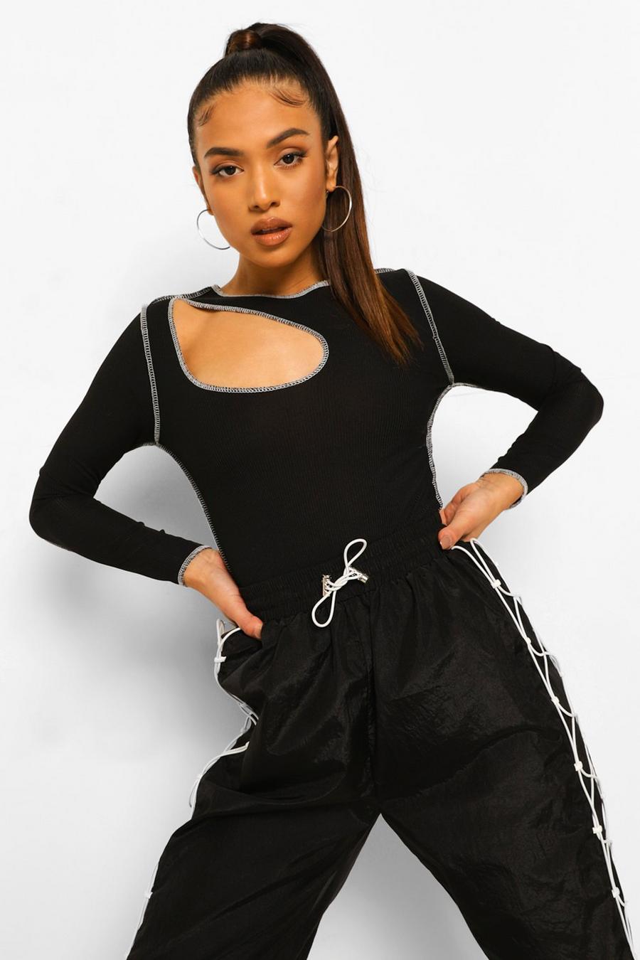 Black Petite Bodysuit Met Contrasterende Stiksels En Uitsnijding image number 1