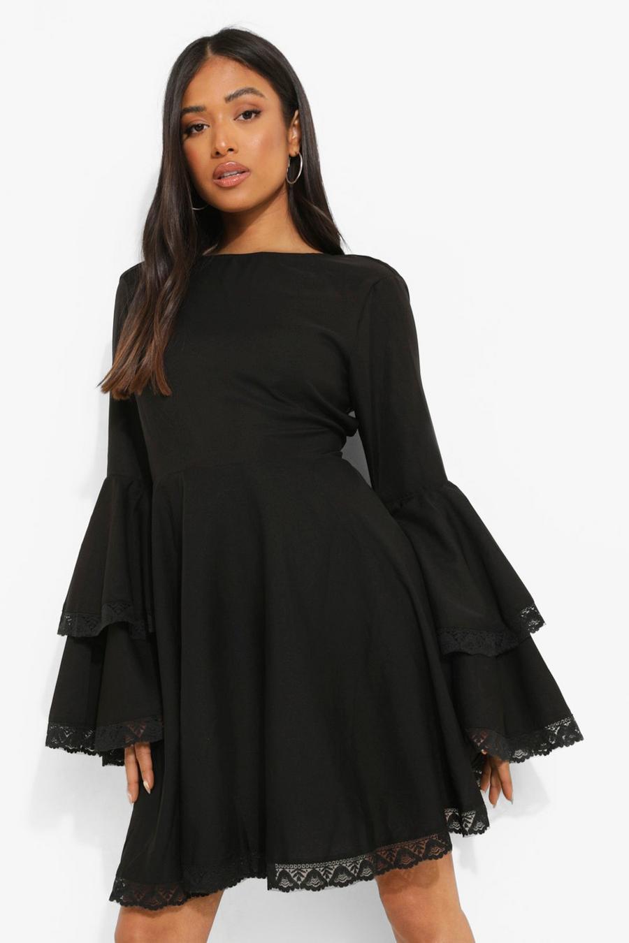 Black Petite Tie Crochet Trim Flare Sleeve Dress image number 1