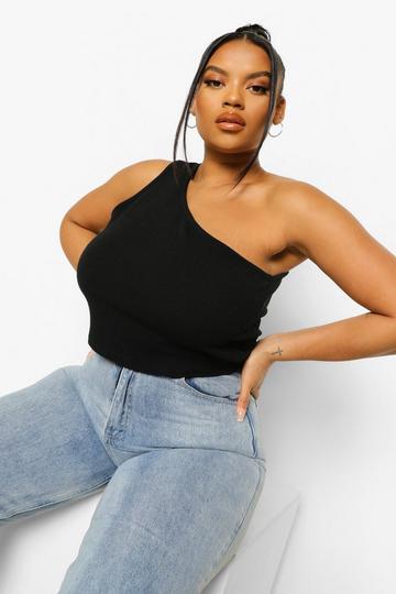 Plus Rib One Shoulder Crop Top black