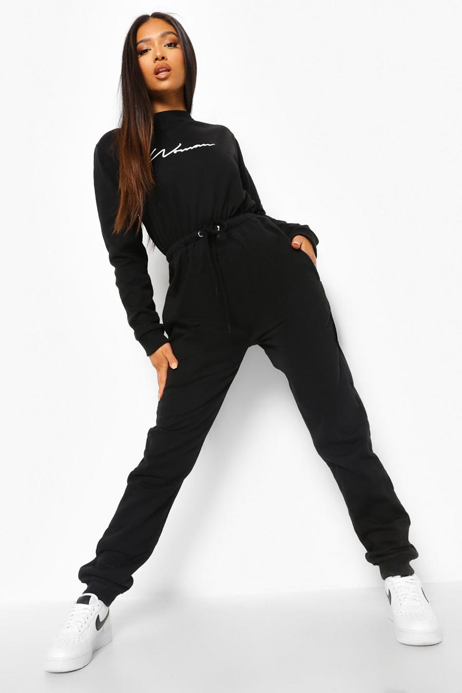 Black Petite Woman Script Loopback Jumpsuit image number 1