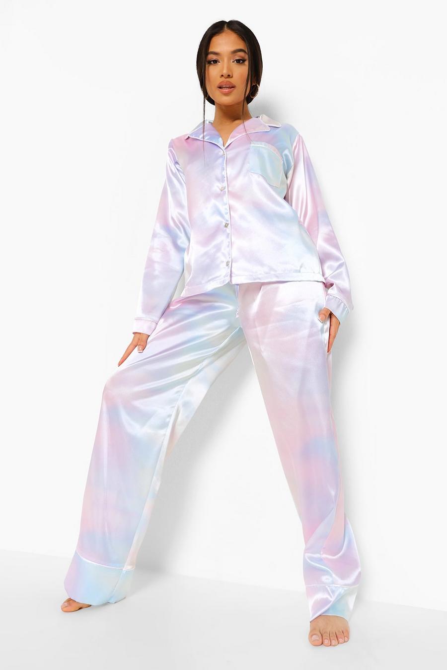 Conjunto de pijama 3 piezas con pantalones de satén y coletero Petite, Multicolor image number 1