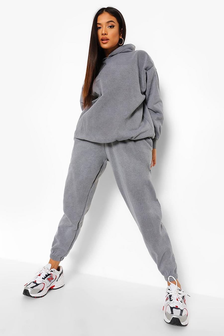 Charcoal grey Petite Acid Wash Hoody And Track Pant Tracksuit