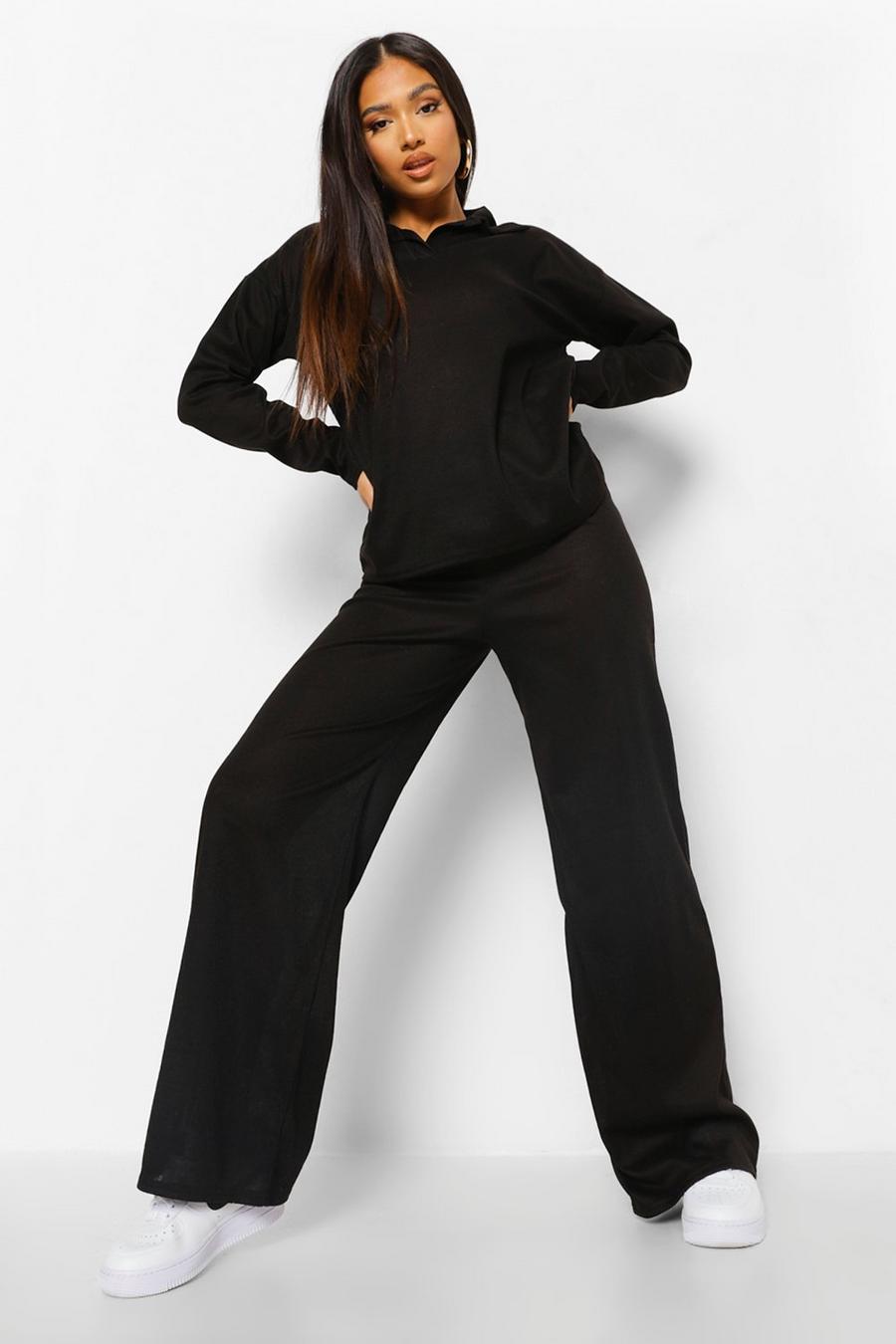Black Petite Ribbed Knitted Loungewear Set image number 1