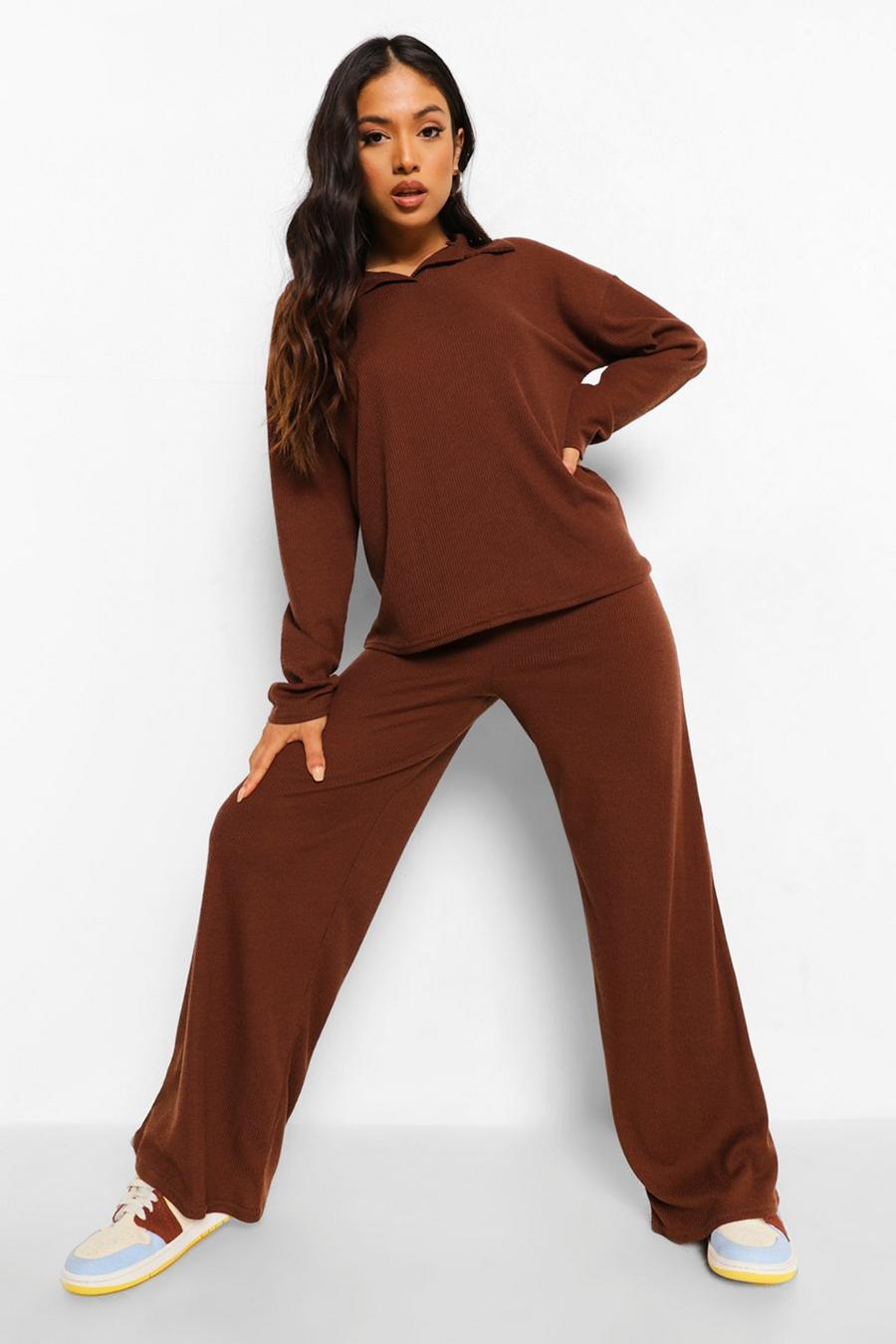 Chocolate Petite Ribbed Knitted Loungewear Set image number 1