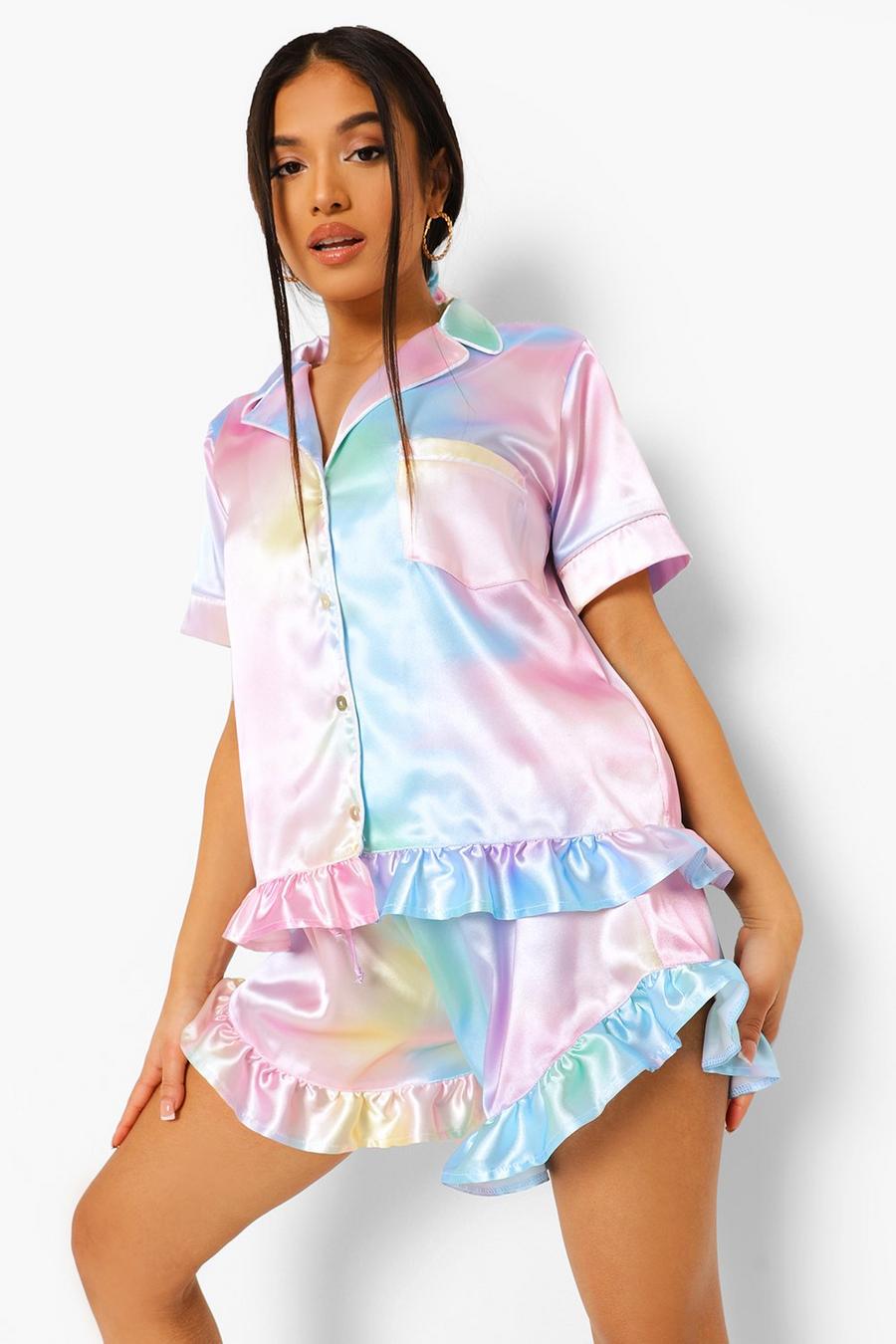 Multi Petite - Pastellfärgad pyjamas med shorts och volanger image number 1