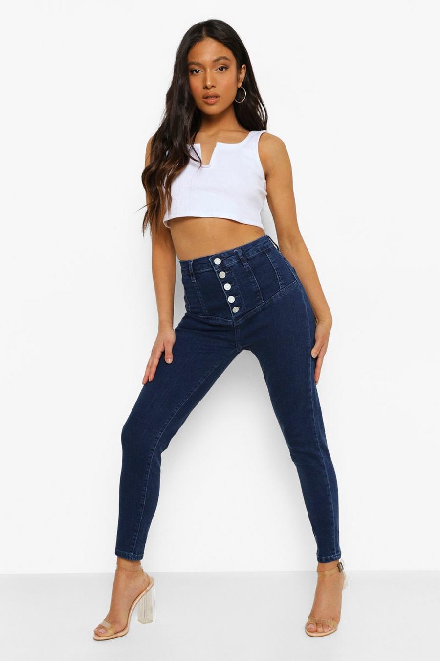 Petite Skinny Korsett-Jeans mit hohem Bund, Dunkelblau image number 1