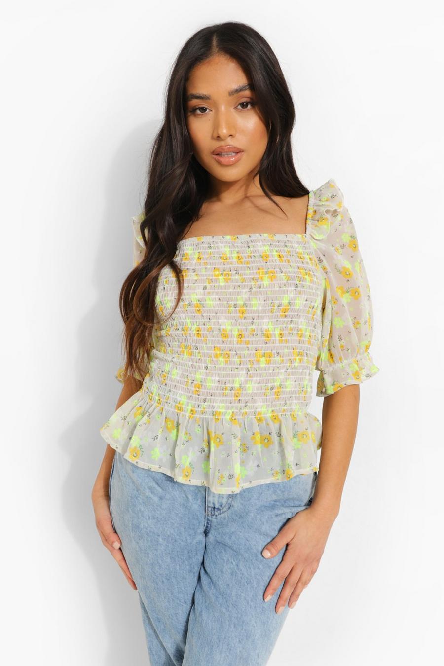 White Petite Floral Print Shirred Top image number 1