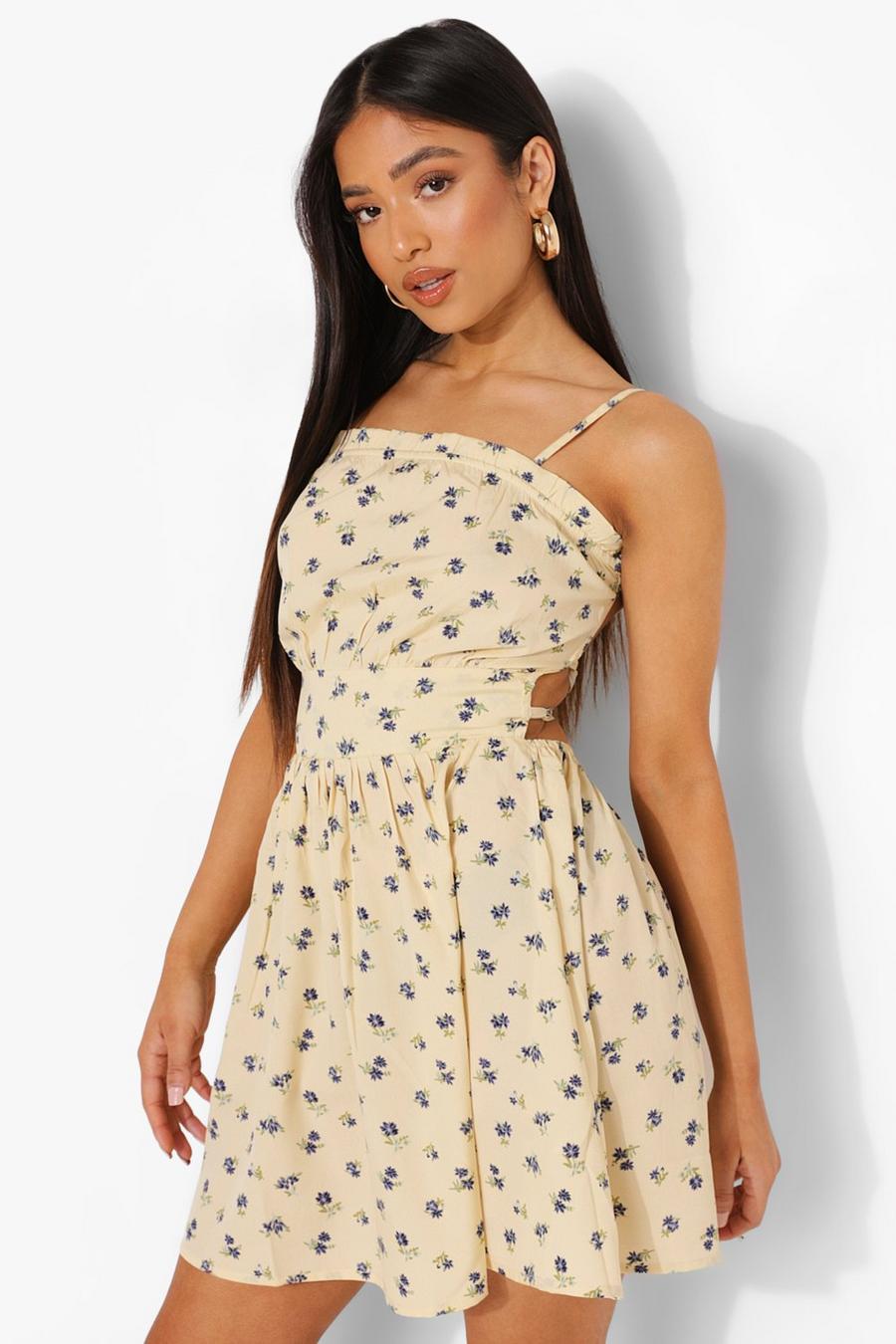 White Petite Ditsy Floral Strappy Sun Dress image number 1