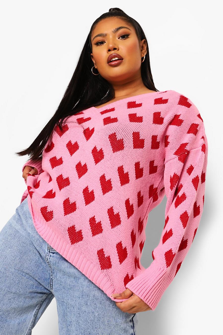 Pink Plus Knitted All Over Heart Oversized Jumper image number 1