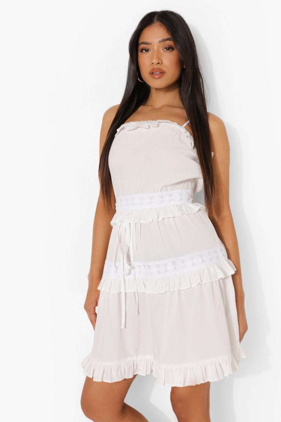 White Petite Tiered Frill Detail Smock Dress image number 1