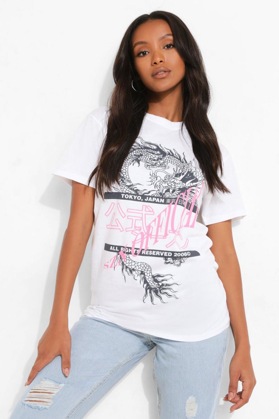 T-shirt Petite con stampa di dragone e scritta Official, White image number 1