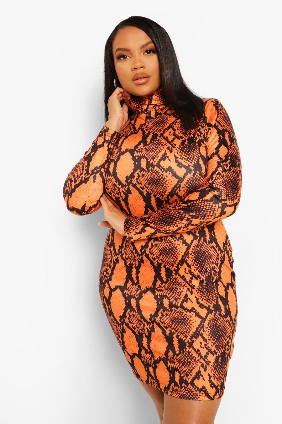 Grande taille - Robe moulante orange à col roulé imprimé serpent image number 1