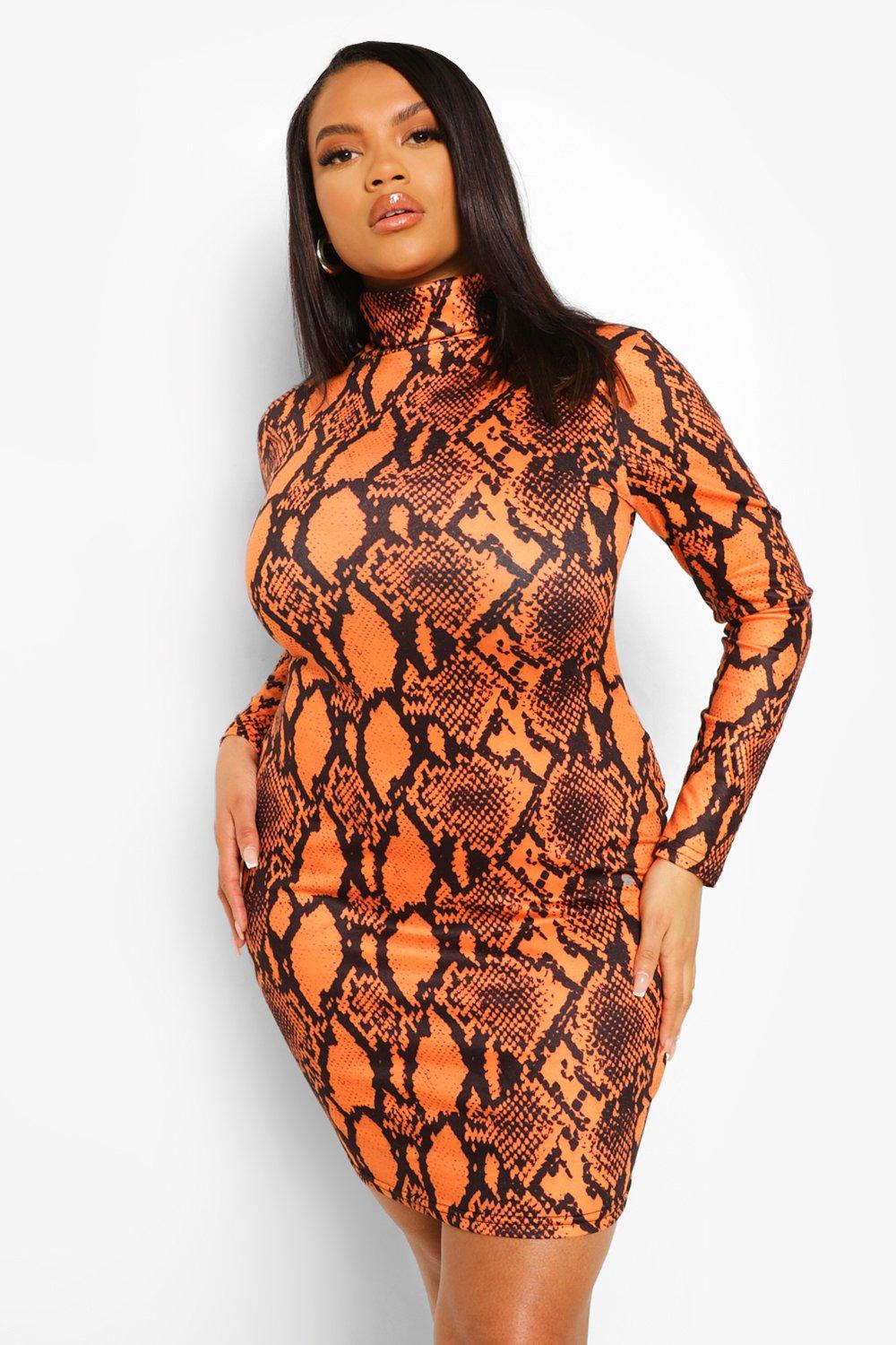 Plus Orange Snake Roll Neck Bodycon Dress