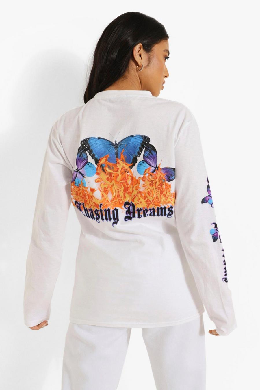 T-shirt Petite a maniche lunghe oversize con stampa di farfalle, Bianco image number 1