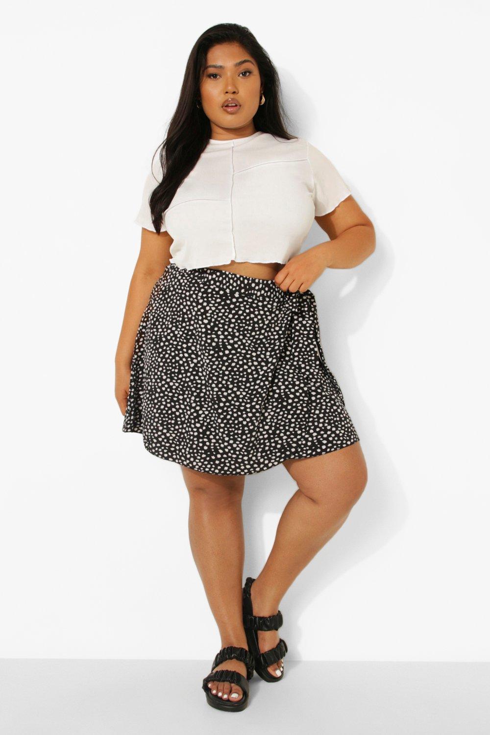 Plus Dalmatian Woven Ruffle Wrap Mini Skirt