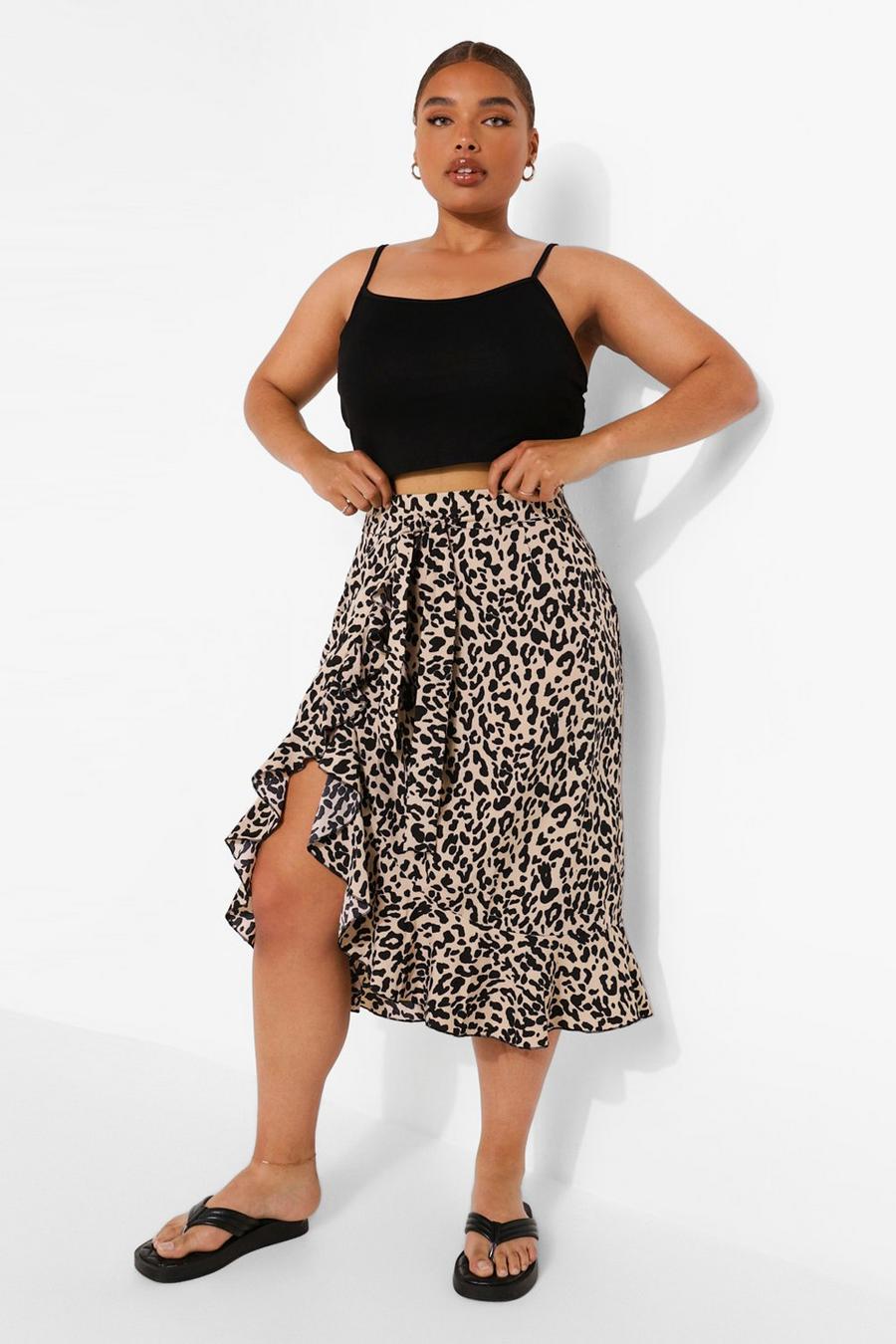 Plus Woven Leopard Frill Wrap Midi Skirt image number 1