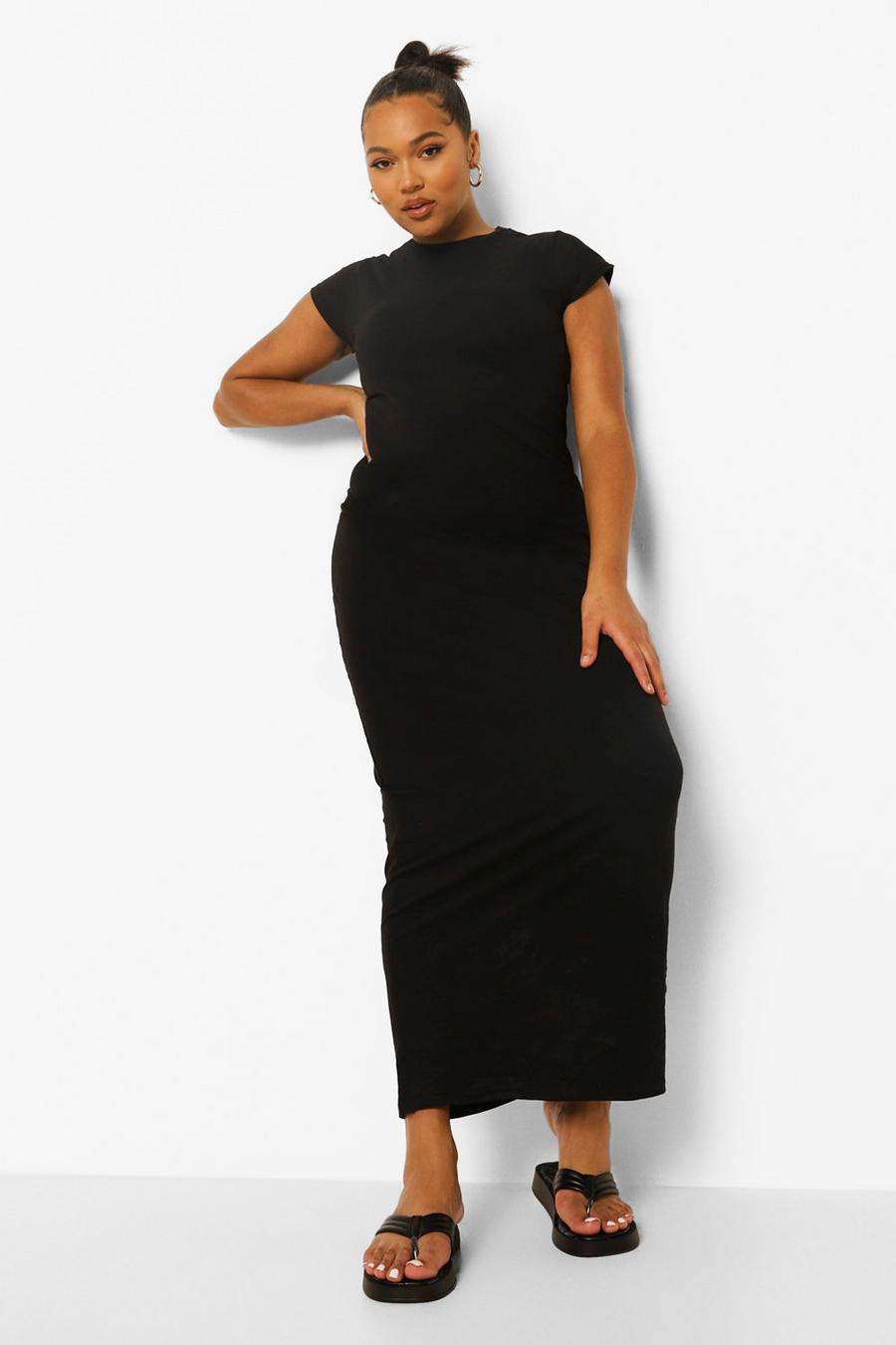 שחור שמלת מקסי עם שרוולי קאפ מידות גדולות image number 1