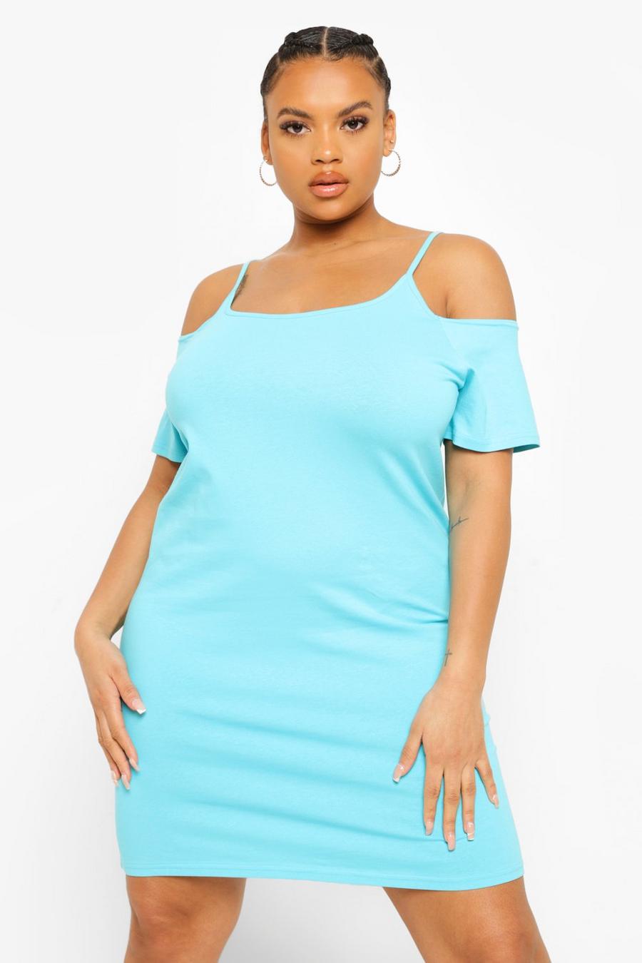 Turquoise Plus Cold Shoulder Mini Dress image number 1