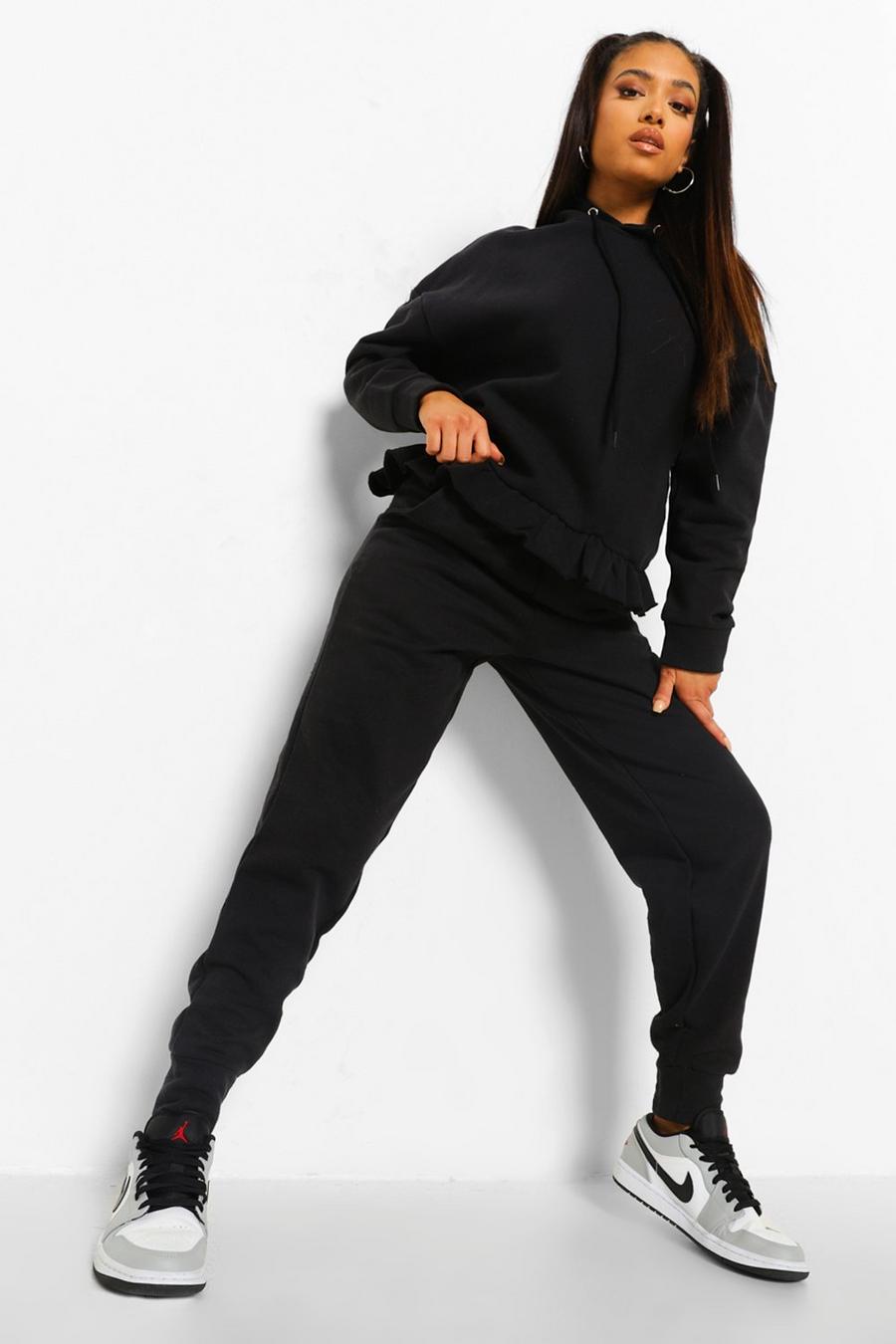 Black Petite Hoodie Met Ruches En Joggingbroek Trainingspak image number 1