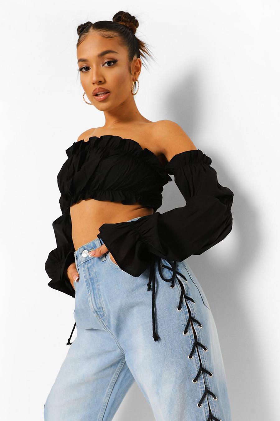 Black Petite Off The Shoulder Ruffle Flare Cuff Crop Top image number 1