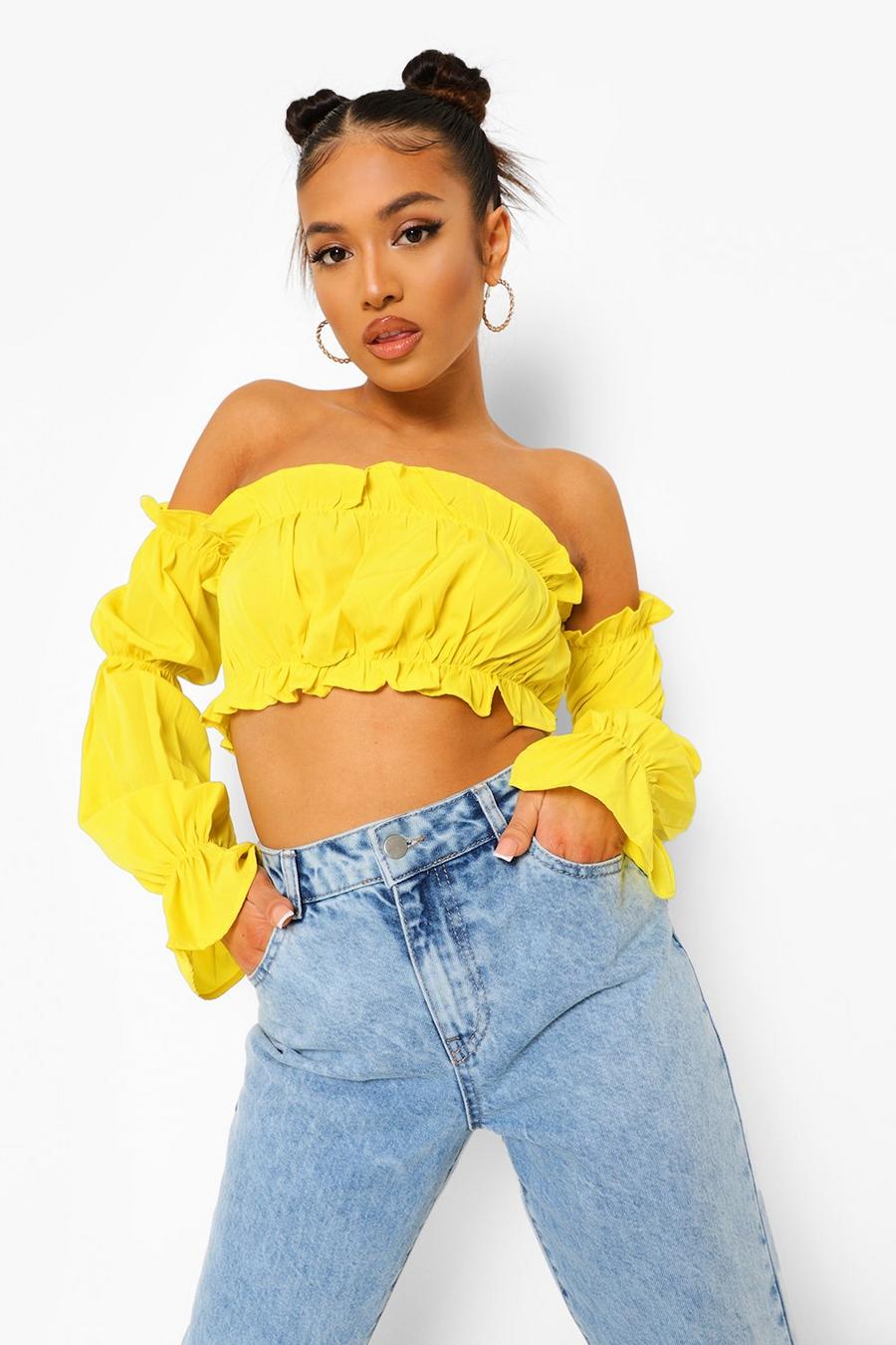 Mustard Petite Off The Shoulder Ruffle Flare Cuff Crop Top image number 1