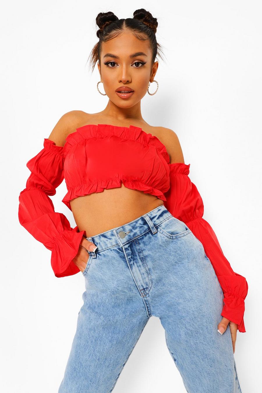 Red Petite Bardot Ruffle Flare Cuff Crop Top image number 1