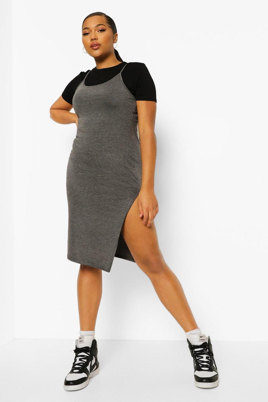 Grey marl Plus Jersey Knit 2 In 1 Midi Dress image number 1
