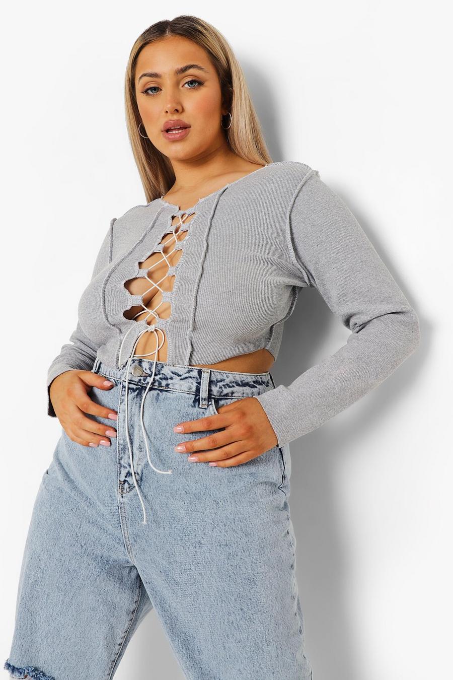 Grey marl Plus Lace Up Seam Long Sleeve Crop Top image number 1