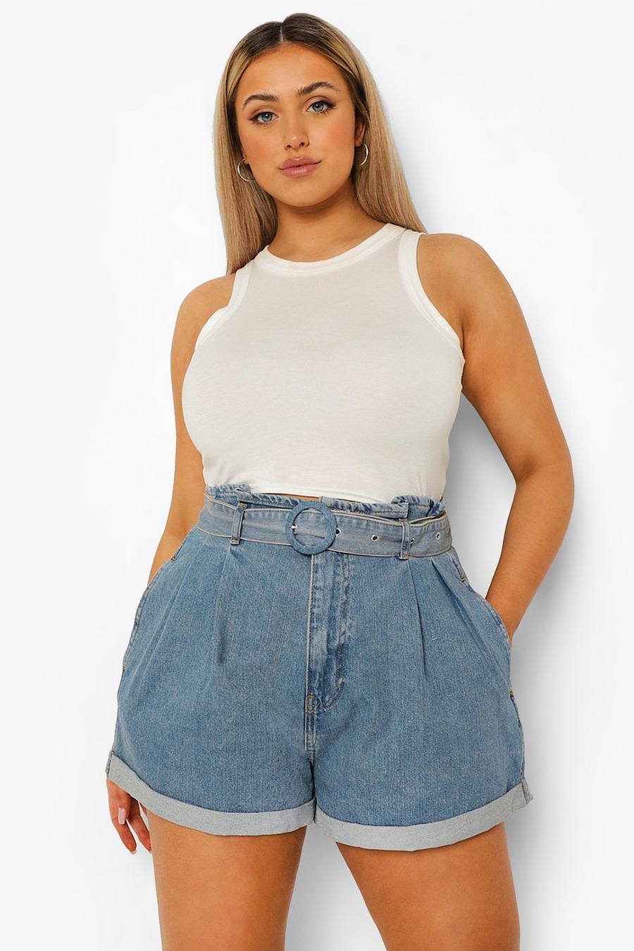 Mid blue Plus Belted Paperbag Jean Shorts