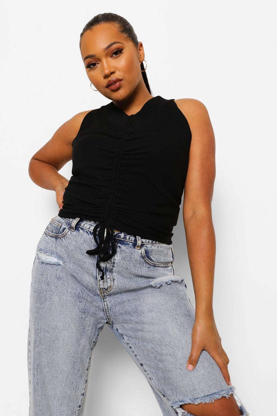 Black Plus Rib Ruched Front Crop Top image number 1