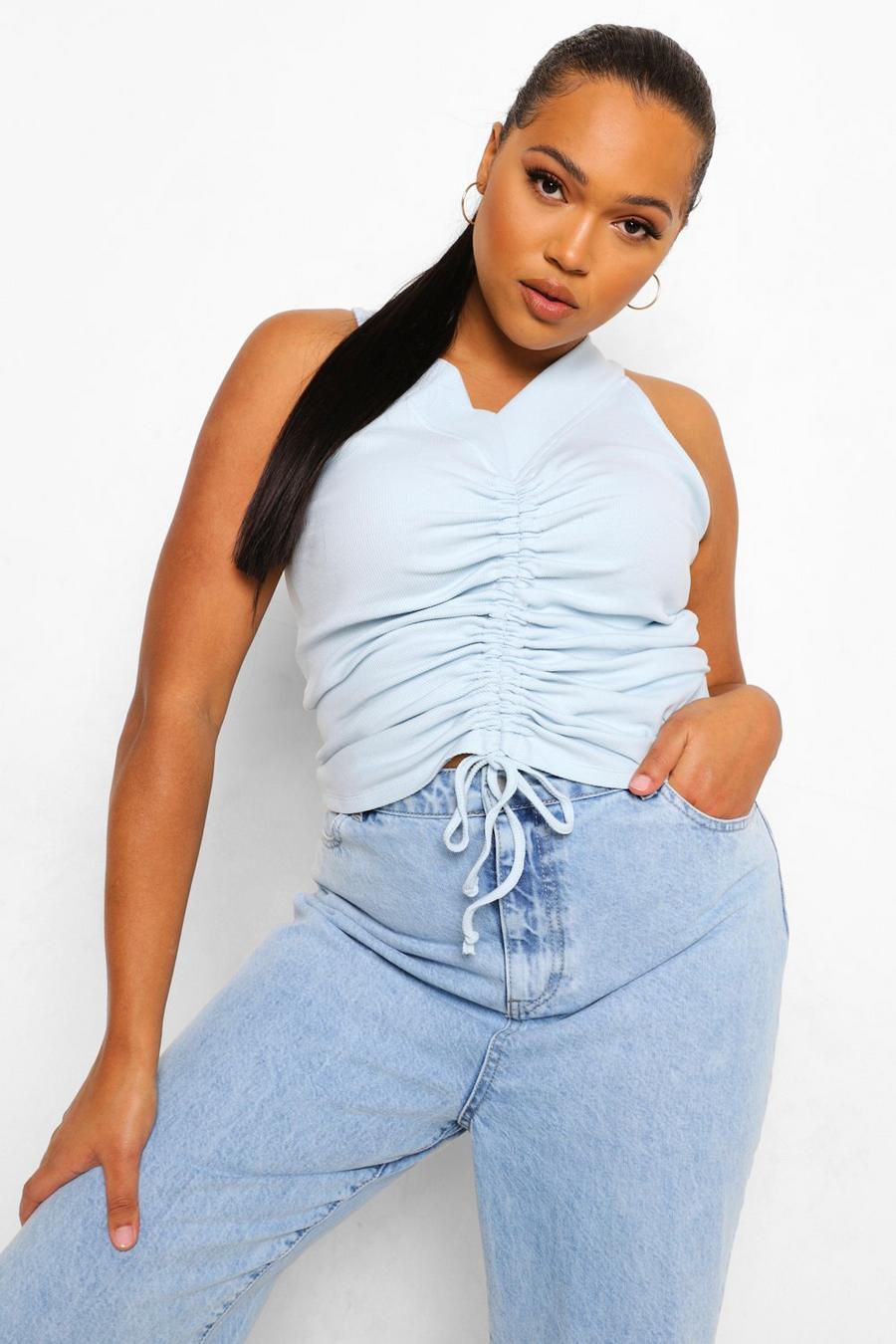 Dusty blue Plus Rib Ruched Front Crop Top image number 1