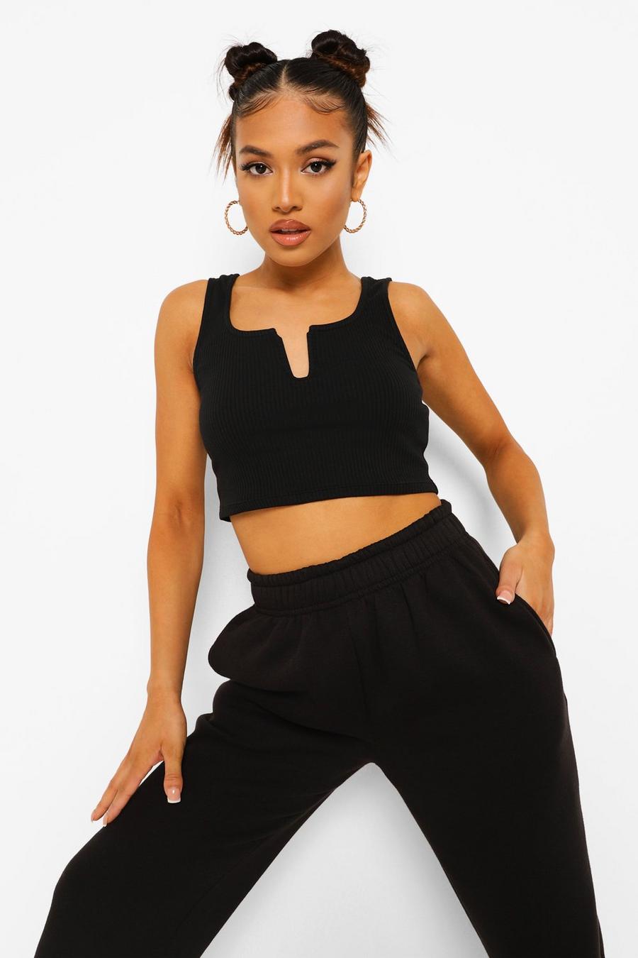 Black Petite Ribbed Notch Cut Out Crop Top image number 1