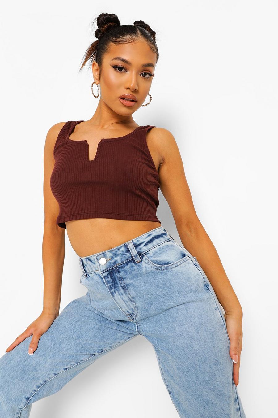 Chocolate Petite Ribbed Notch Cut Out Crop Top image number 1