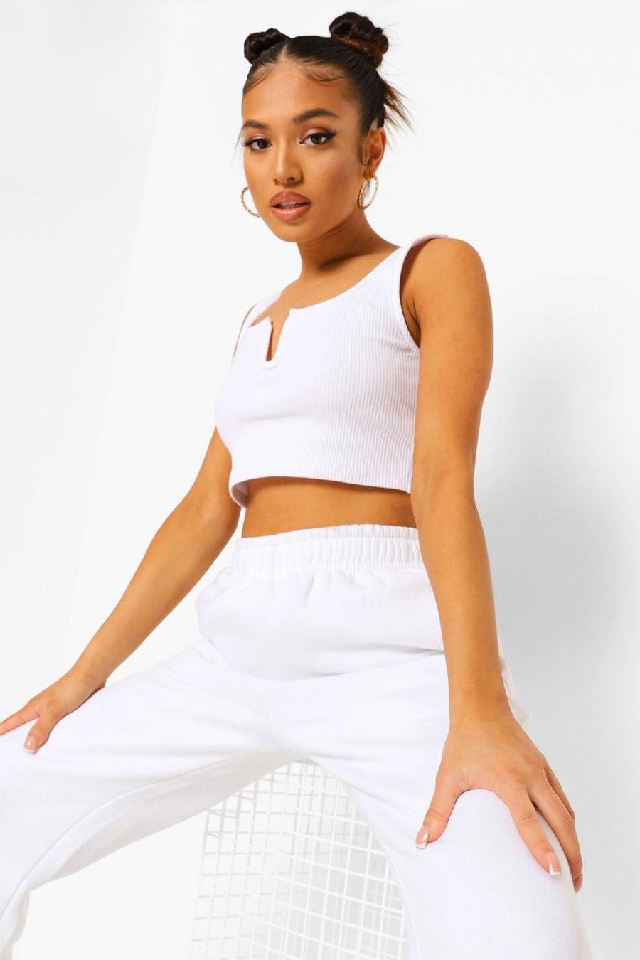 White Petite Ribbed Notch Cut Out Crop Top image number 1