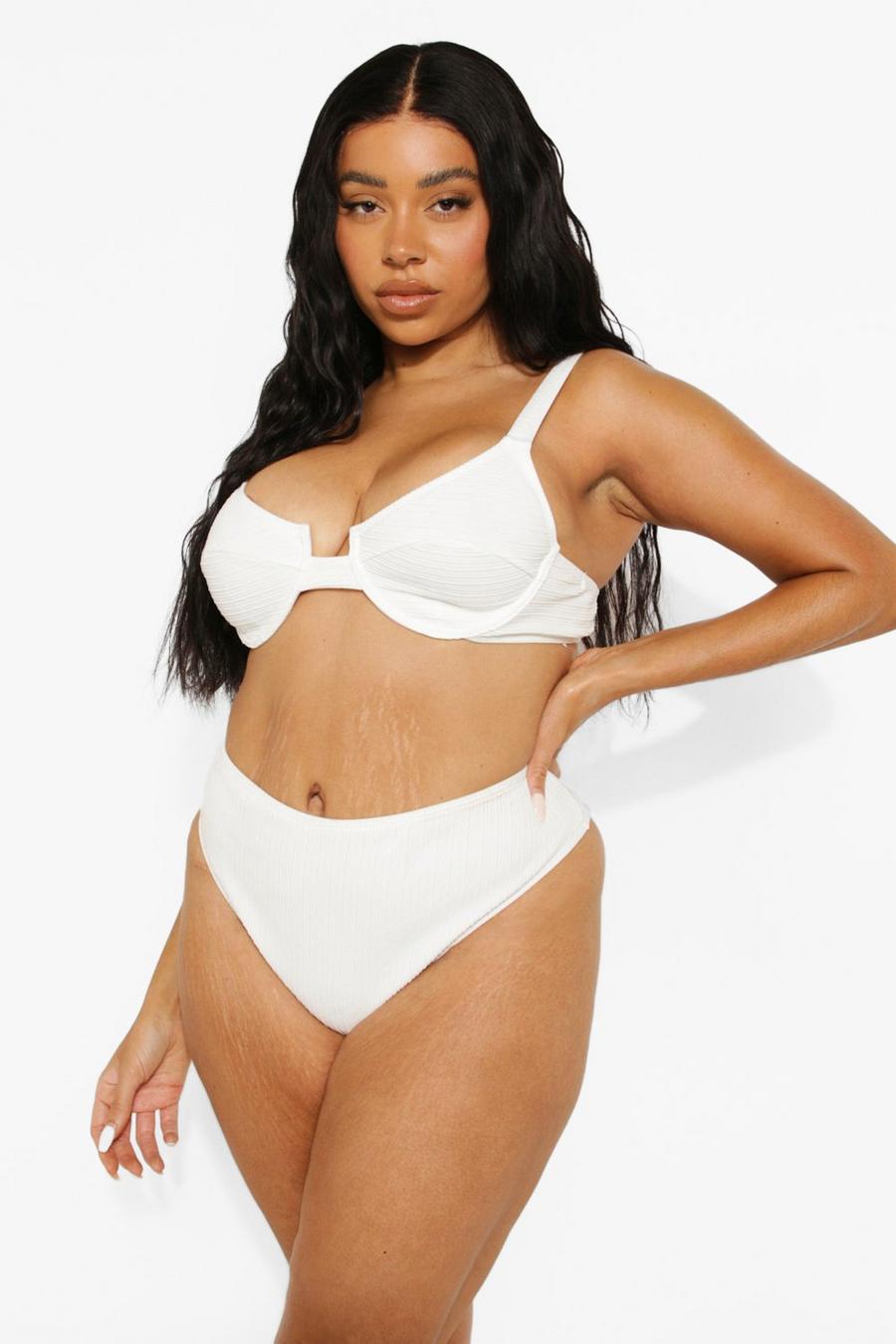 Braguitas de bikini de cintura alta en canalé Plus, Blanco image number 1